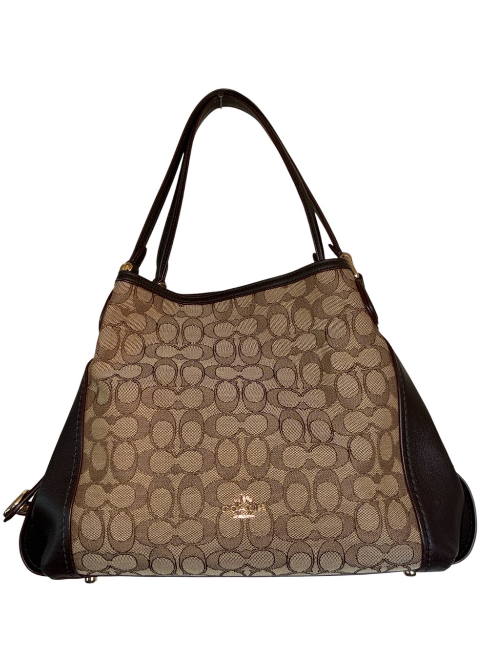 Coach Brown/Tan Edie shoulder bag 28, Signature Canvas/leather, dust bag. Rare!